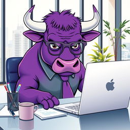 A purple bull with a determined expression, sitting in front of a laptop in a modern office setting
