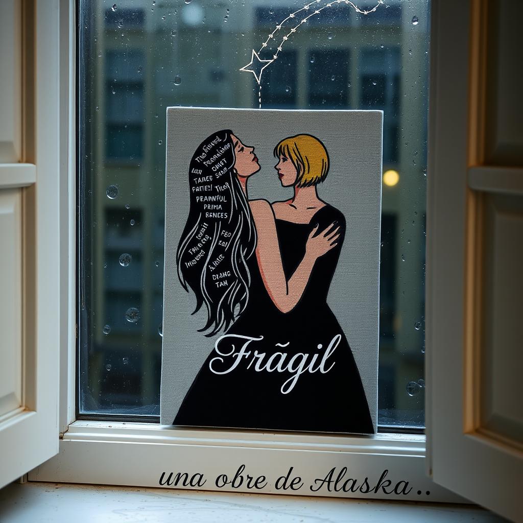 An embroidered picture resting on a window that opens to a rainy scene