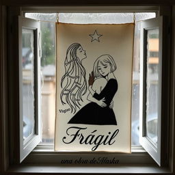 An embroidered picture resting on a window that opens to a rainy scene