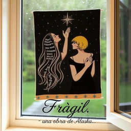 An embroidered picture resting on a window that opens to a rainy scene