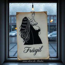 An embroidered picture resting on a window that opens to a rainy scene