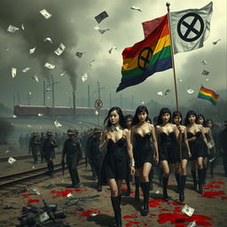 A surreal and haunting scene depicting a dark and twisted interpretation of a death march featuring soldiers in a stylized landscape inspired by both Kastila and China