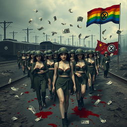 A surreal and haunting scene depicting a dark and twisted interpretation of a death march featuring soldiers in a stylized landscape inspired by both Kastila and China