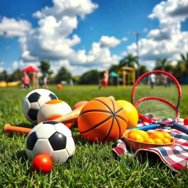 A vibrant and colorful combination of various sports equipment spread across a grassy field, including a soccer ball, basketball, baseball bat, and tennis racket