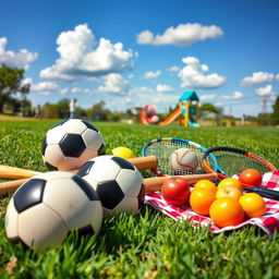 A vibrant and colorful combination of various sports equipment spread across a grassy field, including a soccer ball, basketball, baseball bat, and tennis racket