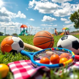 A vibrant and colorful combination of various sports equipment spread across a grassy field, including a soccer ball, basketball, baseball bat, and tennis racket