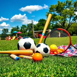 A vibrant and colorful combination of various sports equipment spread across a grassy field, including a soccer ball, basketball, baseball bat, and tennis racket