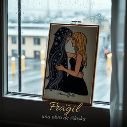 An embroidered picture resting on a window that overlooks a rainy scene