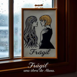 An embroidered picture resting on a window that overlooks a rainy scene