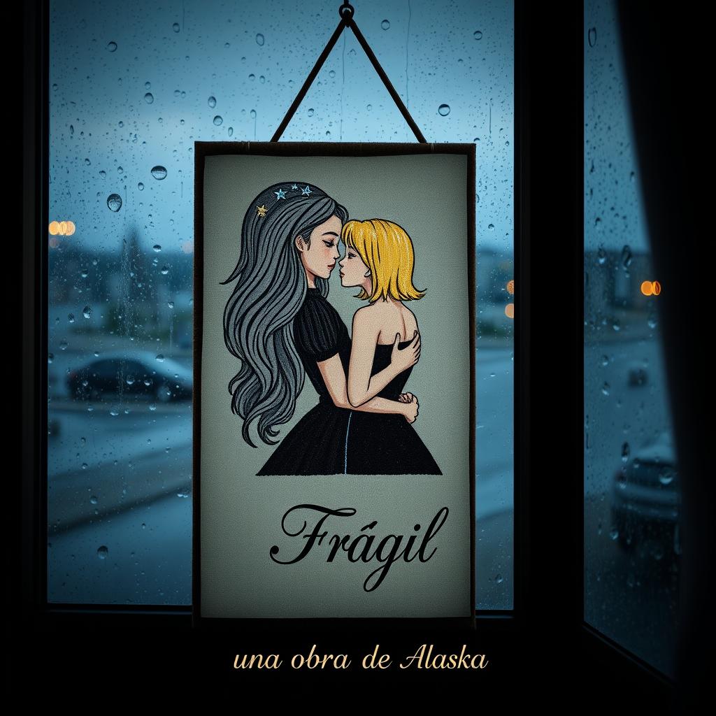 An embroidered picture resting on a window that overlooks a rainy scene