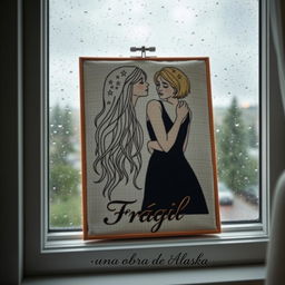 An embroidered picture resting on a window that overlooks a rainy scene