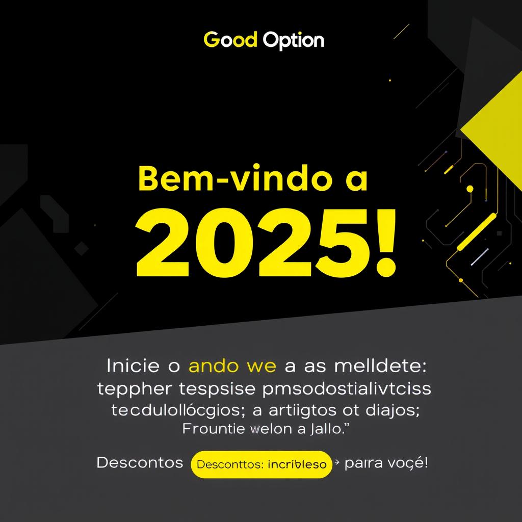 A sleek black banner designed to welcome the year 2025 at 'Good Option'