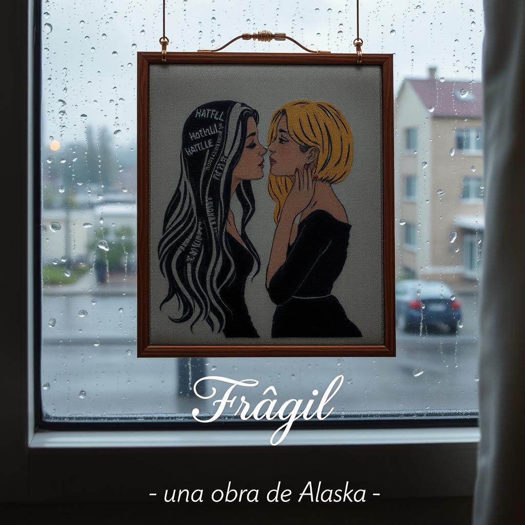 An embroidered picture resting on a window that overlooks a rainy scene