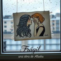 An embroidered picture resting on a window that overlooks a rainy scene