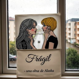 An embroidered picture resting on a window that overlooks a rainy scene
