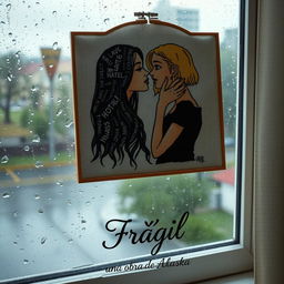 An embroidered picture resting on a window that overlooks a rainy scene