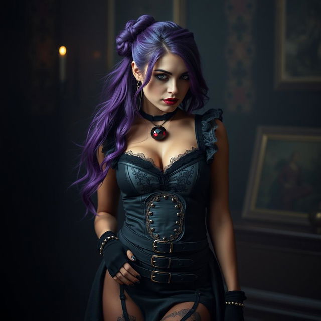 A stunning scene featuring a sexy gothic maid with long, flowing purple hair styled elegantly in a bun