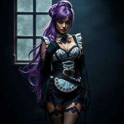 A stunning scene featuring a sexy gothic maid with long, flowing purple hair styled elegantly in a bun
