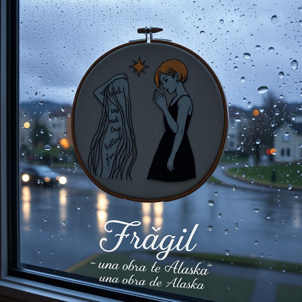 An embroidered picture resting on a window that overlooks a rainy scene