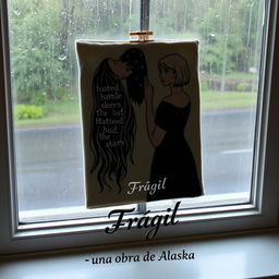 An embroidered picture resting on a window that overlooks a rainy scene