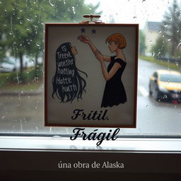 An embroidered picture resting on a window that overlooks a rainy scene