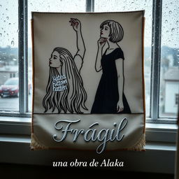 An embroidered picture resting on a window that overlooks a rainy scene