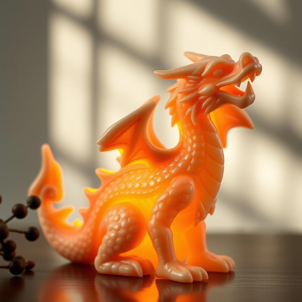 A beautifully crafted candle shaped like a dragon, with intricate details and a warm glow coming from its body