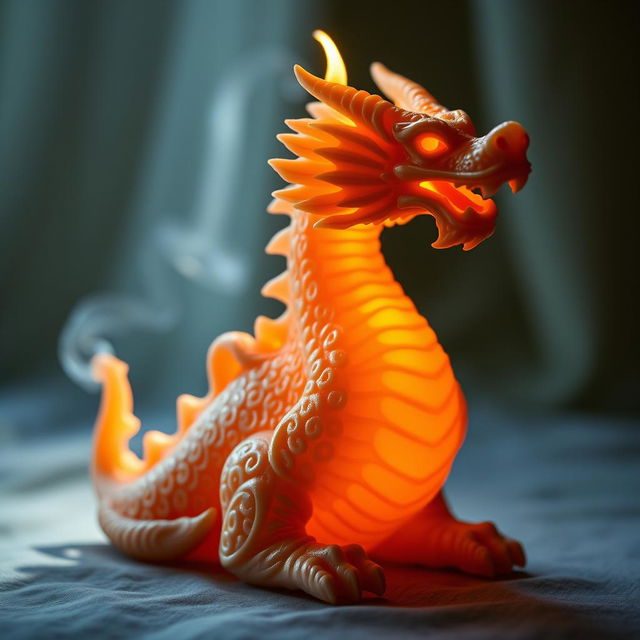 A beautifully crafted candle shaped like a dragon, with intricate details and a warm glow coming from its body