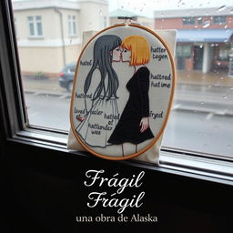 An embroidered picture resting on a window that overlooks a rainy scene