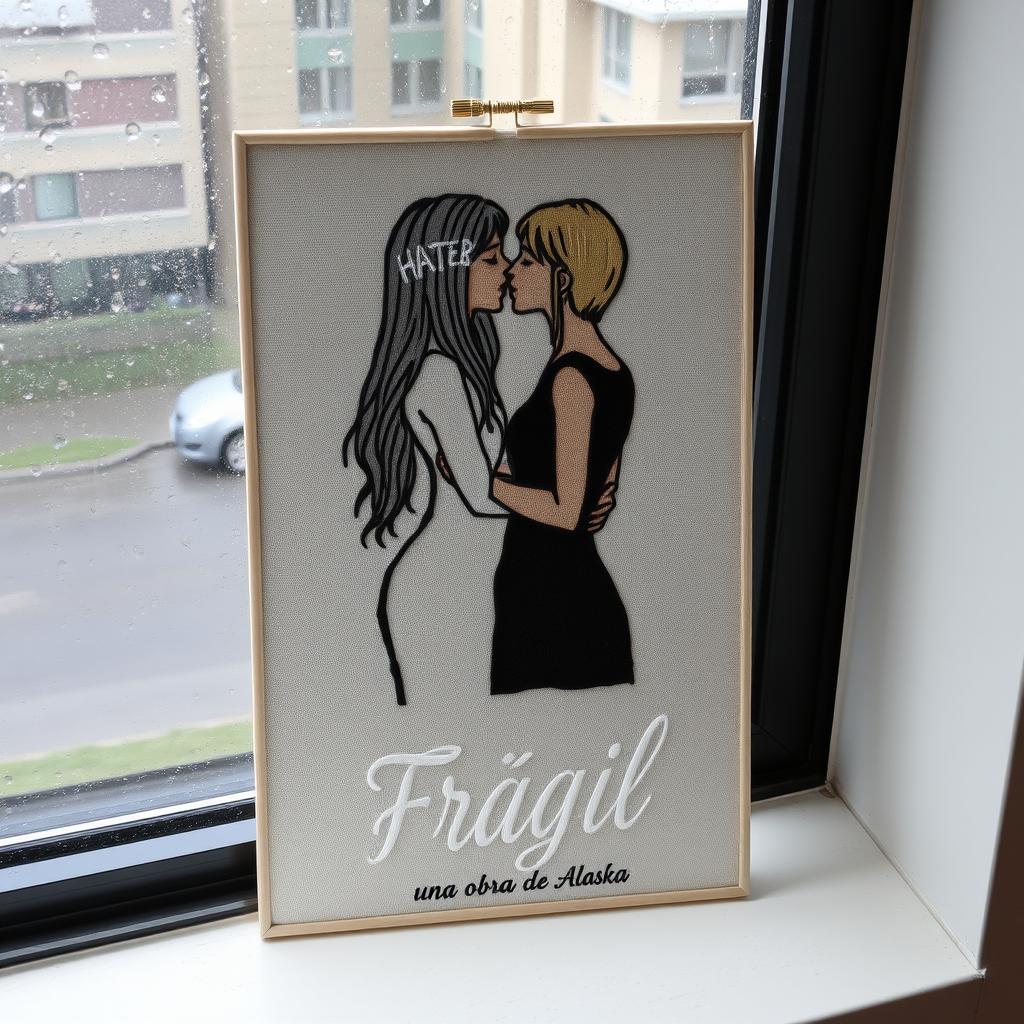 An embroidered picture resting on a window that overlooks a rainy scene