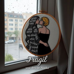 An embroidered picture resting on a window that overlooks a rainy scene