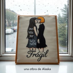 An embroidered picture resting on a window that overlooks a rainy scene