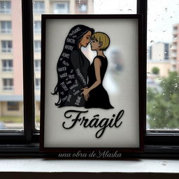 An embroidered picture resting on a window that overlooks a rainy scene