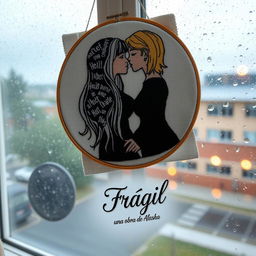 An embroidered picture resting on a window that overlooks a rainy scene