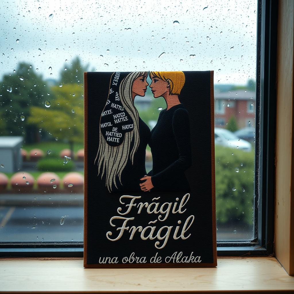 An embroidered picture resting on a window that overlooks a rainy scene