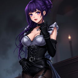 A captivating scene featuring a sexy gothic anime girl maid with long, luxurious purple hair styled in an elegant bun
