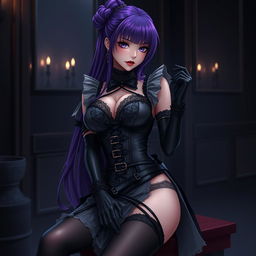 A captivating scene featuring a sexy gothic anime girl maid with long, luxurious purple hair styled in an elegant bun