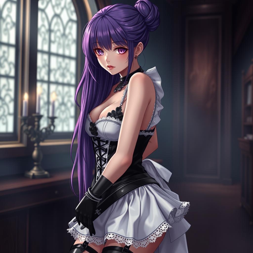 A captivating scene featuring a sexy gothic anime girl maid with long, luxurious purple hair styled in an elegant bun