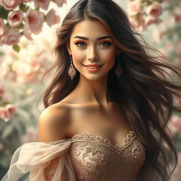 A portrait of the most beautiful woman, with long flowing hair and radiant skin, wearing an elegant, flowing gown adorned with intricate details