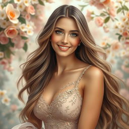 A portrait of the most beautiful woman, with long flowing hair and radiant skin, wearing an elegant, flowing gown adorned with intricate details