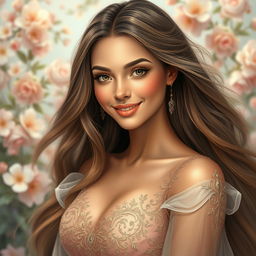 A portrait of the most beautiful woman, with long flowing hair and radiant skin, wearing an elegant, flowing gown adorned with intricate details