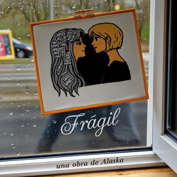 An embroidered picture resting on a window that overlooks a rainy scene