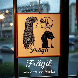 An embroidered picture resting on a window that overlooks a rainy scene