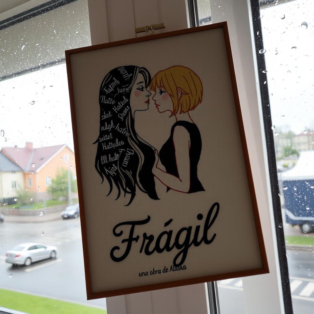 An embroidered picture resting on a window that overlooks a rainy scene
