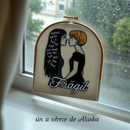 An embroidered picture resting on a window that overlooks a rainy scene