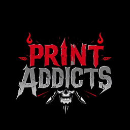 A gritty and edgy logo design for a hardcore rock band named 'Print Addicts'