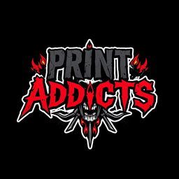 A gritty and edgy logo design for a hardcore rock band named 'Print Addicts'