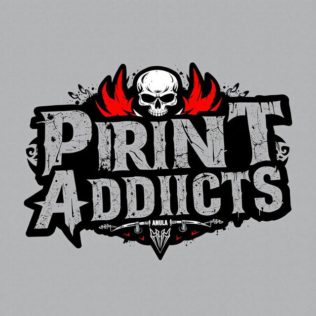 A gritty and edgy logo design for a hardcore rock band named 'Print Addicts'