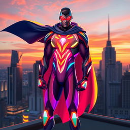 A brand new superhero character design, featuring a vibrant, futuristic suit with a sleek, aerodynamic shape