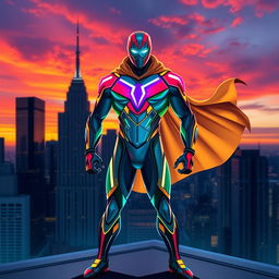 A brand new superhero character design, featuring a vibrant, futuristic suit with a sleek, aerodynamic shape
